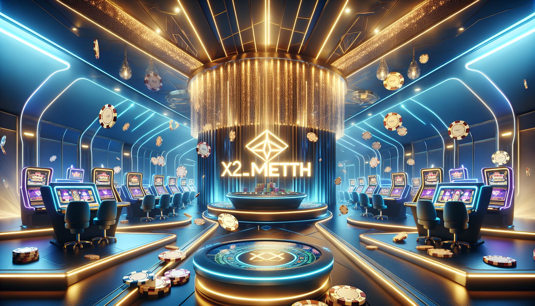 A vibrant casino-themed scene promoting X2METH for Australian players with glowing lights, coins and a bold mobile gaming atmosphere.