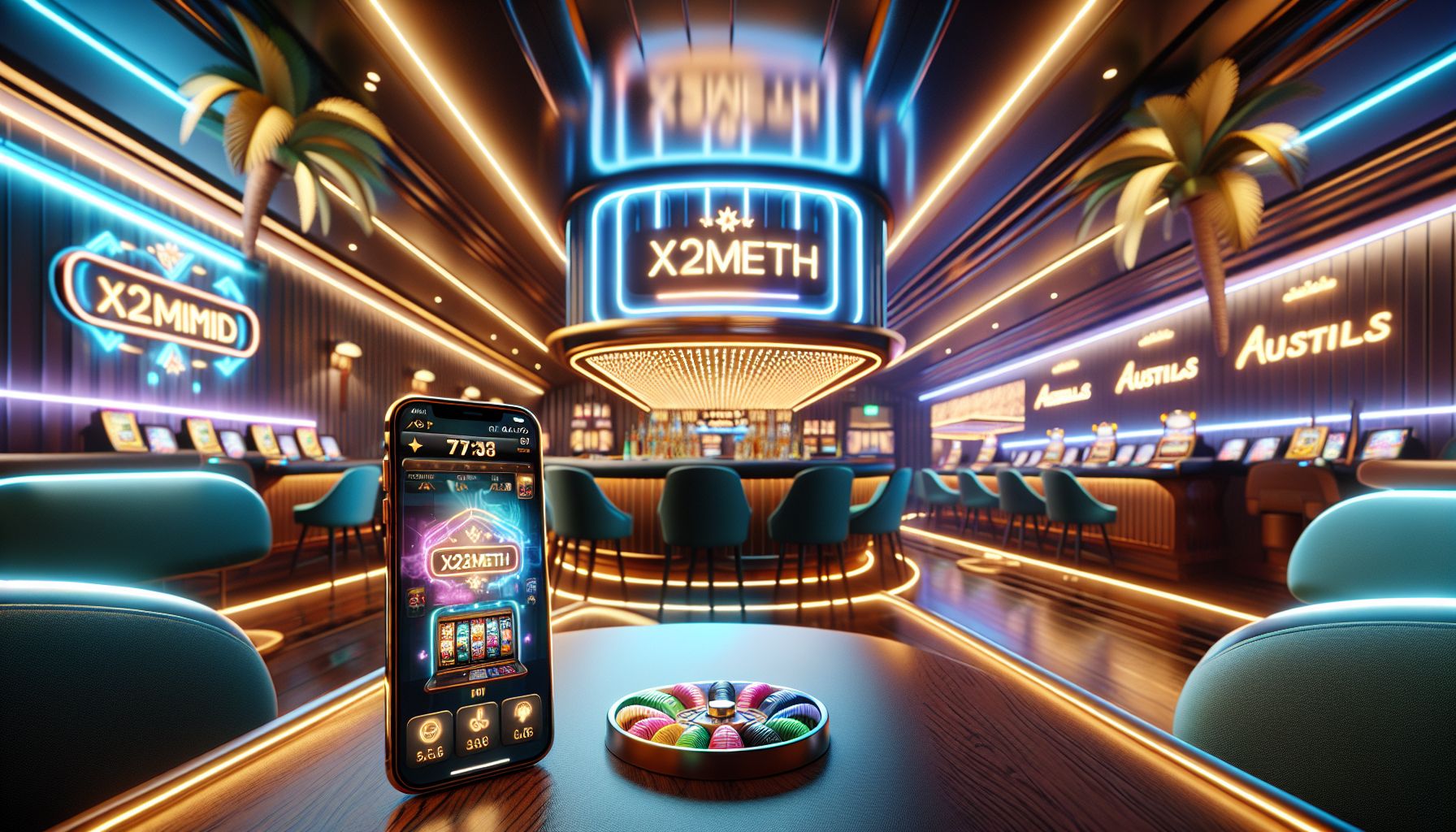 An Australian player holding a smartphone with the X2METH app interface displayed clearly on screen.
