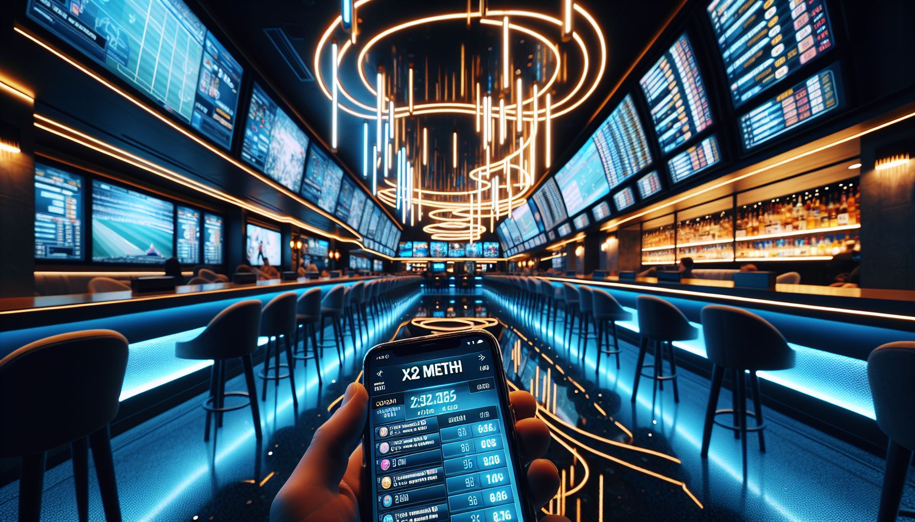 A modern Australian betting scene with a mobile screen showing X2METH odds and a bold branded display in a high-energy gaming environment.