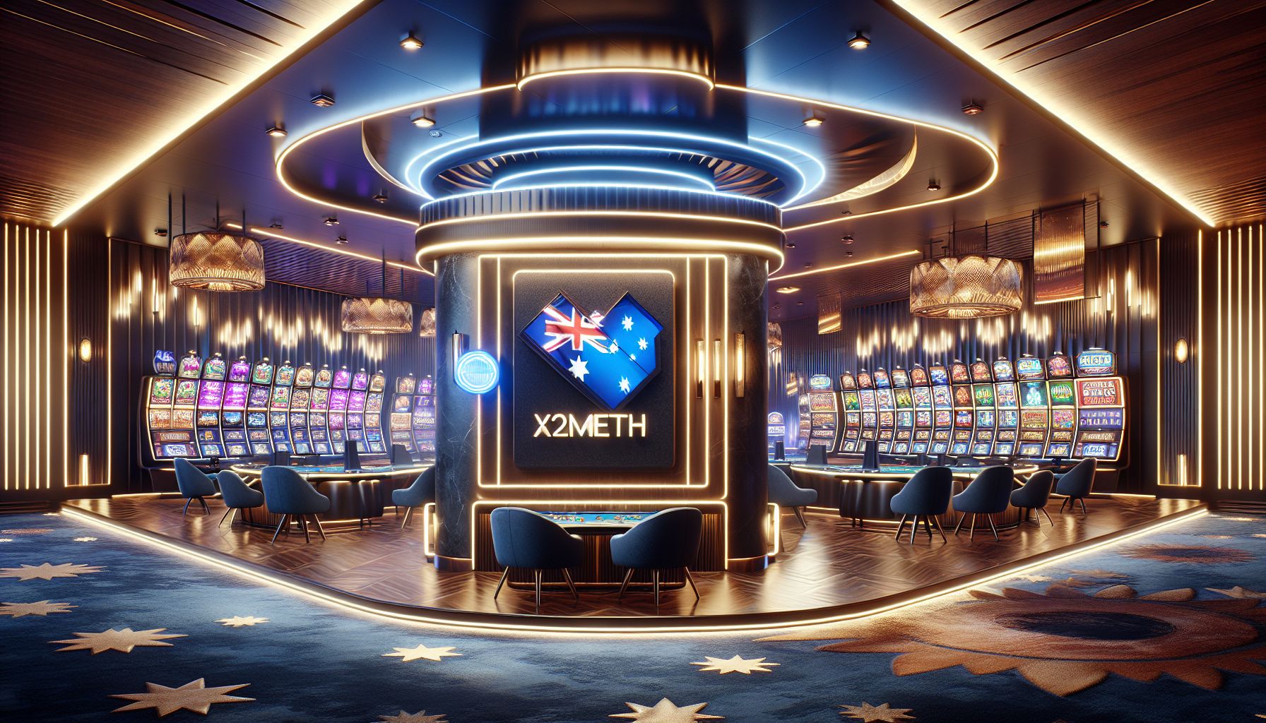 Dynamic Australian-themed online casino scene highlighting the X2METH platform and colourful game action.