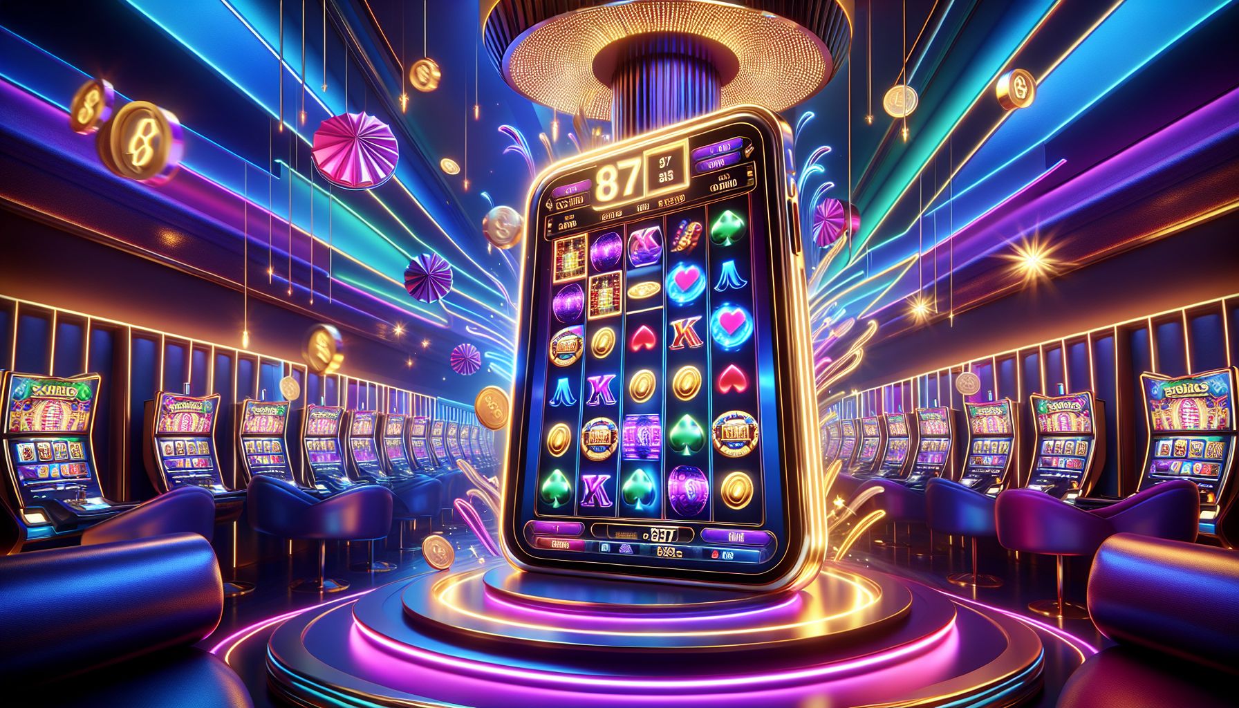 A vibrant casino-style pokies scene representing X2METH for Australian players, with glowing reels and a premium mobile gaming atmosphere.